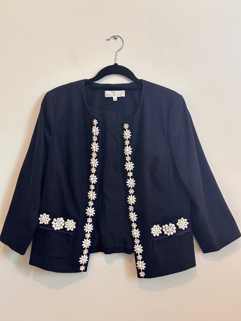 Talbots Navy 3/4 Sleeve Pique Jacket with White Beaded Daisy Detail Size 12